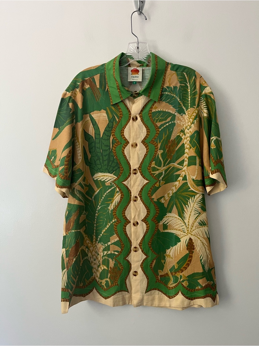 Farm Rio 100% Linen Printed Tropical Palm Tree Button Up Shirt Small